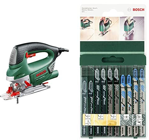 Bosch Stichsäge PST 1000 PEL (650 Watt, im Koffer) + 10tlg. Stichsägeblatt Set Wood and Metal (Holz und Metall, Zubehör Stichsäge T-Schaftaufnahme)