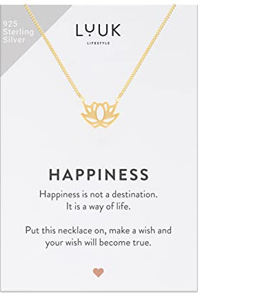 LUUK LIFESTYLE Halskette aus 925er Sterlingsilber mit Lotusblütenanhänger, HAPPINESS Geschenkkarte, Schmuck mit asiatischem Zen-Muster für sie, Geschenkidee für Freundin, Verlobte, Geburtstag, Gold