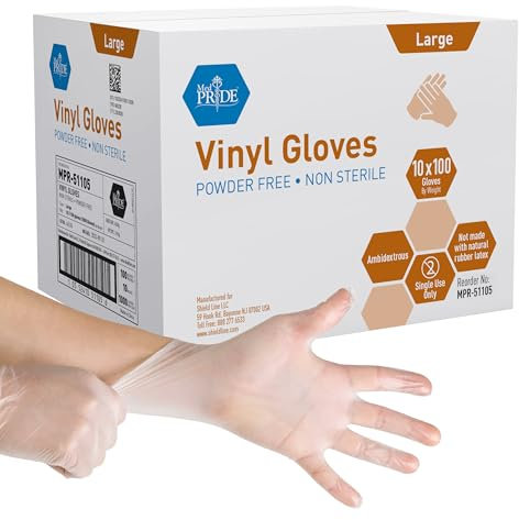 MED PRIDE Vinyl Gloves| 4.3 mil Thick, Powder-Free, Non-Sterile, Heavy Duty Disposable Gloves| Professional Grade for Healthcare, Medical, Food Handling Clear Large