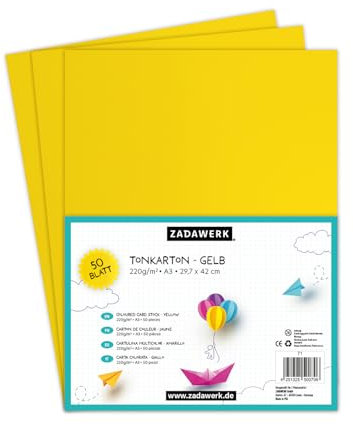 ZADAWERK® Tonkarton - 220 g/m² - DIN A3 - Gelb - 50 Blatt - Bastelkarton - farbige Pappbögen zum Basteln - Tonzeichenpapier dick - 42x29,7 cm groß – Bedruckbar
