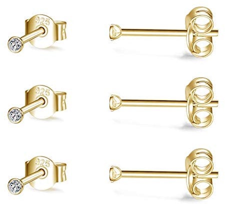 CERSLIMO 3 Paar 2mm Klein Ohrstecker Zirkonia Silber 14K Gold Ohrringe Set für Damen Herren Geschenk