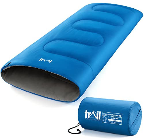 Trail Kids Sleeping Bag, Mini Envelope 200gsm, 2 Season Summer Spring Autumn, Boys, Girls, Outdoor Camping, Lightweight Compression Carry Bag, 160cm x 65cm