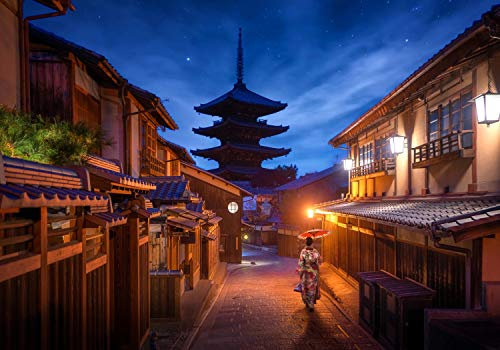 wandmotiv24 Photo murale Ville de style japonais la nuit S 200 x 140cm - 4 pièces photo, papier peint non tissé Bâtiment du Japon M5931