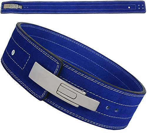 AKS Schwerer Gewichthebergürtel, Leder, Hebel, Profi-Gürtel, Fitnessstudio, Training, Powerlifting, Hebelschnalle, 10,2 cm Lendenwirbelstütze, 10 mm dick, Blau, XXL 101,6 cm - 111,8 cm