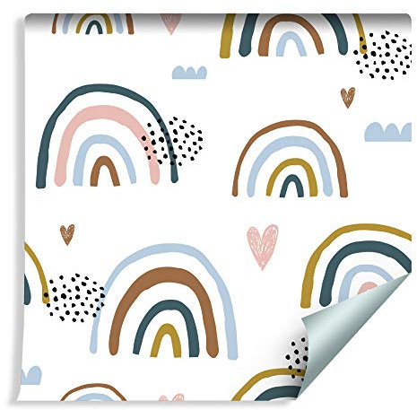 Wallepic Tapete 10m Vlies Tapete Herzen Regenbogen Kinder Vliestapete 1000x53cm Wand Tapete Wohnzimmer Kinderzimmer Moderne Wanddeko Wand Dekoration