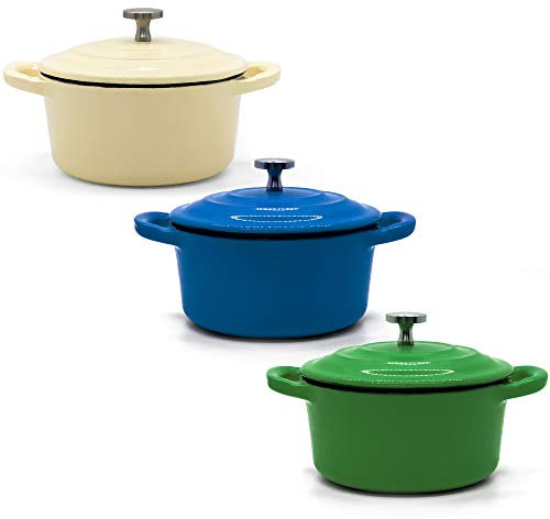 RJ Legend Mini cocotte con coperchio, set di 3 piccoli forno olandese per la cottura, in ghisa smaltata, 0,25 quarti, blu/verde/bianco, 3 pezzi