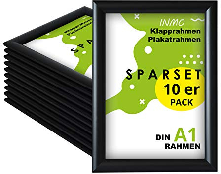 INMO Alu-Klapprahmen DIN A1 10 Stück mit Aluminium Profil ohne Glas - Klappbarer Bilderrahmen Schwarz - Fotorahmen für Bilder, Poster, Plakate - 62,50 x 87,20 cm Urkundenrahmen