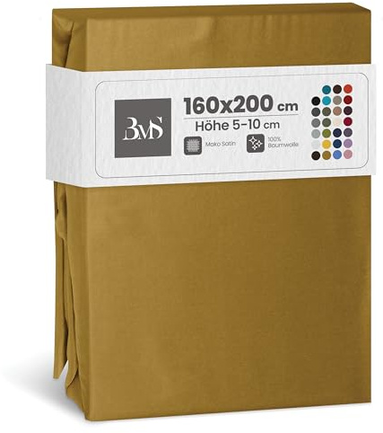 Bettwaesche-mit-Stil Mako Satin Spannbettlaken Spannlaken Spannbetttuch (160 cm x 200 cm, Matratzenhhöhe 5-10 cm, Gold)