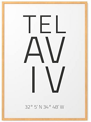 Papierschmiede® Geo Poster Koordinaten Tel Aviv, A4 Gerahmt im Natur-Holzrahmen, Stadt Bild als Wanddeko für Wohnzimmer Schlafzimmer Küche Esszimmer, Jaffa Israel Nahost