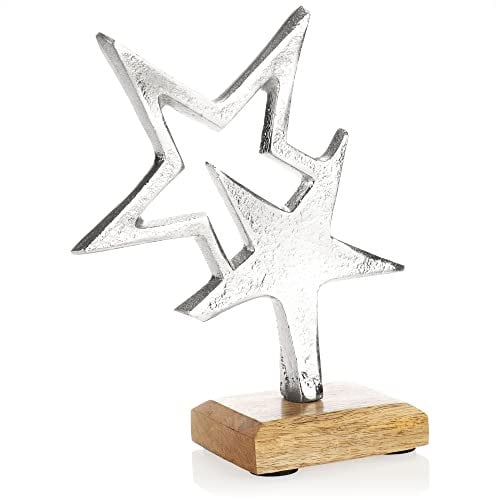 com-four® Premium Deko-Aufsteller Stern - Stern-Statue aus vernickeltem Aluminium auf Sockel aus Mangoholz - Deko-Stern zum Hinstellen - tolle Sterndeko (silberfarben - Doppelstern)