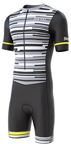 Men's Cycling Skinsuit Gel Padded One Piece Trisuit Bike Top Short Sublimated Unique Design Bib Shorts (Black/Grey, L)