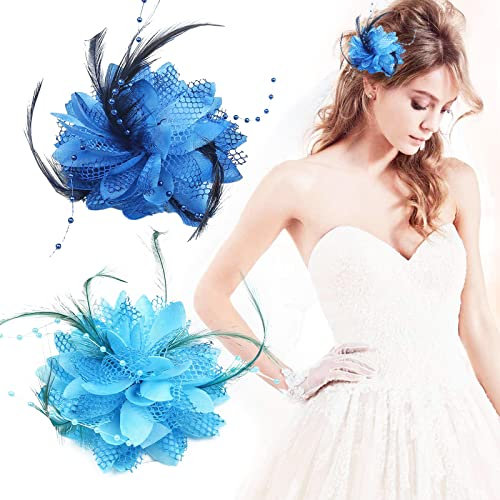 TSHAOUN 2 x Fascinatoren, Feder-Blumen-Netz-Haarspangen, kobaltblau, Party-Kopfbedeckung für Mädchen und Frauen (blau)