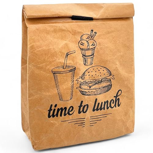 MIJOMA Lunchbag Lunchtüte Frühstückstüte Pausenbrot-Tasche braun, isoliert kalt oder warm, Kühltasche mit Klettverschluss, thermische Tasche wiederverwendbar wasserabweisend (Time to Lunch)