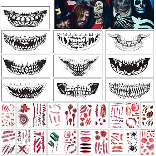 Halloween Tattoo Mund, 30 Stück Halloween Kmporäre Temporäre Tattoos, Gruselig Schminke Tattoos, Clown Horror Mund Tattoo Aufkleber, Face Tattoo Scar Zombie Terror Wunde für Erwachsene Kinder