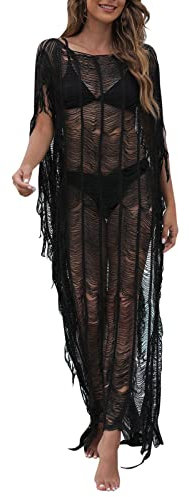 Womens Summer Seaside Resort Beach Dress Sexy Tassel Shirt Robe irrégulière Maillot de Bain Blouse Bikini Rose Fluo