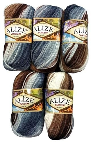 5 x 100 Gramm Ilkadim Export Burcum Batik Wolle mehrfarbig mit Farbverlauf, 500 Gramm Acryl Strickwolle bunt (braun beige grau weiß 5742)