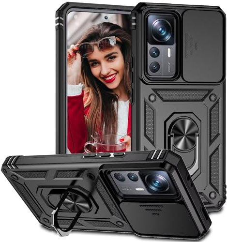 POUHYE Handyhülle für Xiaomi 12T /12T Pro Hülle, [Slide Camera] Hybrid Militärqualität Stoßfest Bumper Outdoor Handyhülle mit 360° Drehbarer Metall Ring Ständer Schutzhülle Case Schwarz