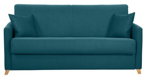 Miliboo Skandy 3-Sitzer-Sofa, nordisch, Petrol und helles Holz, mit Matratze von 18 cm