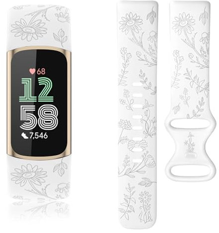 Vancle Armband für Fitbit Charge 6/5 - Silikon TPU Blumen Graviertes Uhrenarmband für Damen Herren, Verstellbares Sport Ersatzband, Klein Weiß