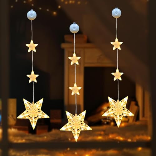 YuuFcy Pack of 3 Star Window Lights, LED Hanging Christmas Decorations with Suction Cups, Battery Operated for Indoor/Outdoor Xmas Party & Garden
