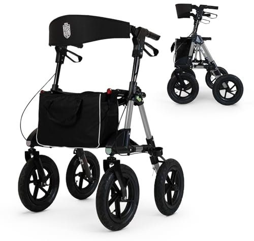 Rollator für draußen mit 30 cm Luftbereifung Sitzfläche und Rückengurt mit abnehmbarer Tasche - Höhenverstellbare ergonomische Griffe. Geländerollator faltbar robust und leicht aus Aluminium perlweiß