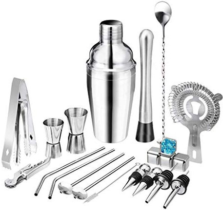 22 pièces Ensemble 550ml 750ml en Acier Inoxydable Cocktail Shaker mélangeur Boisson Barman navigateur Kit Barres Ensemble Outils avec Support de casier à vin