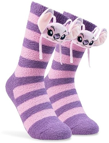 Disney Stitch Chaussettes Chaussons Femme Ado Angel EU 35-41, Polaire Détail 3D, Chaussettes Antidérapantes, Idée Cadeau (Violet Angel)