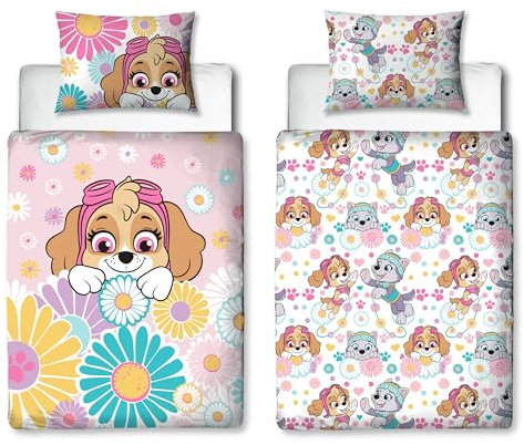 Offizieller Paw Patrol Kinder-Bettbezug für Kinderbett, Blumen- und Skye-Design, wendbar, 2-seitige Bettwäsche mit passendem Kissenbezug, Polycotton