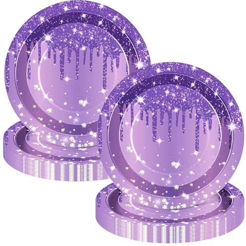 Potchen 100 Pcs Purple Glitter Paper Party Plates 7 Inch Disposable Birthday Dessert cake Plate Diamond Birthday Party dish Decorations for Weeding Baby Shower Supplies