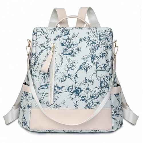 Rucksack Damen Wasserdichte Anti Diebstahl Schulrucksack Umhängetasche, Mode Cityrucksack Tagesrucksack für Schule Reisen Arbeit Einkauf (Druck Blau)