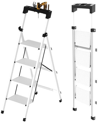 JOISCOPE 4 Step Ladder Folding with Handrail & Tool Stand, 180 KG Load Capacity Folding Step for Adults, Sturdy & Lightweight Stool, Anti-Slip Pedals Ladder for Home, Kitchen, White