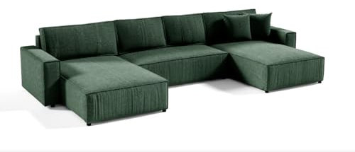 PAMIR24 Ecksofa 344x140cm U-Form Schlafsofa und Bettkasten Cord-Stoff POSO (Grün)