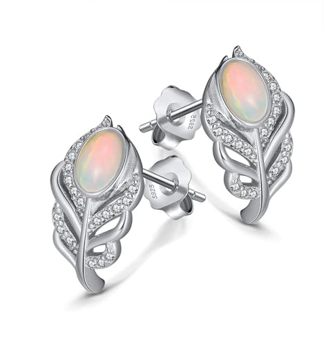HeyMeili Boucles d'oreilles en forme de plume en argent 925 avec opale et zircon pour femmes, ailes d’ange clou d oreille plaqué platine bijoux cadeaux