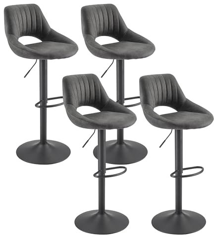 Zouron Tabouret de Bar Vintage Lot de 4, Tabouret Bar Industriel en Similicuir, Hauteur Réglable et Pivotant 360°,Chaise de Bar avec Repose-Pieds,Chaise de Cuisine,Grand siège (54.5 * 50.5cm),Gris