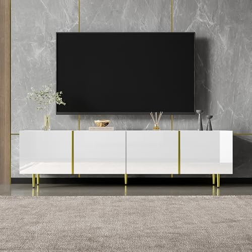 Merax Meuble TV moderne brillant avec 4 portes en noble combinaison de couleurs noir et or - 170 cm - Charnières à fermeture douce - Sans chaise - Blanc