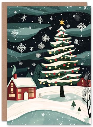 Artery8 Decorated Tree by Winter Cottage Folk Art Blank For Him Or Her Art Xmas Festive Christmas Card