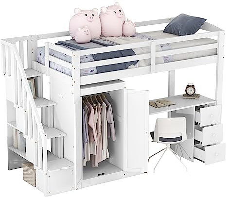 Zenithpath Hochbett 90 x 200cm, Kinderbett mit Kleiderschrank und Treppe, Ablagefächer, Stauraumleiter, Schreibtisch und Schubladen und Schrank in einem, Weiß