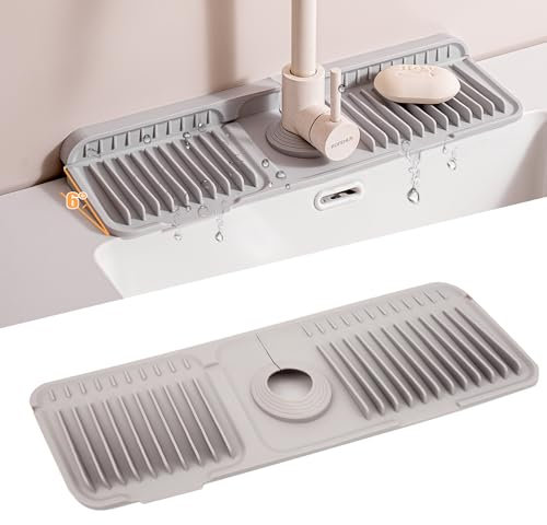 Volminex 6° Slope Kitchen Sink Splash Guard Mat, Silicone Faucet Mat Foldable, Faucet Handle Drip Catcher Tray, Draining Pad Around Tap for Kitchen Bathroom (Grey, 45 x 14 cm)