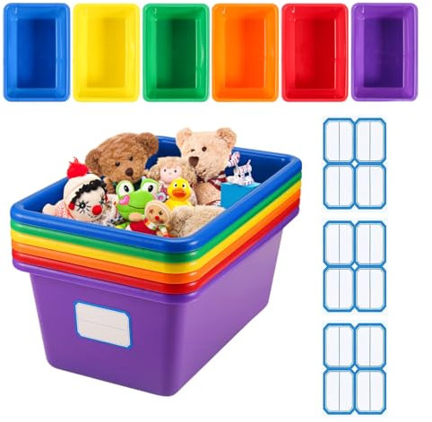 Giyofom 6 Pcs Plastic Storage Boxes (Random Delivery) Multiple Colors Storage Baskets for Classroom, Office, Bathroom, Kitchen, Cupboard, Toy, Home Tidy Open Storage Bins with Self Adhesive Label