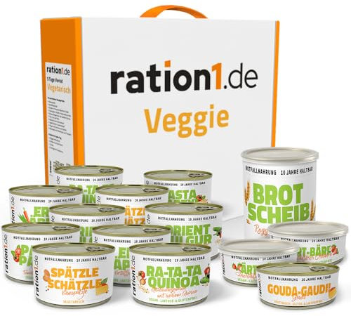 ration1 Vegetarischer 5-Tage Notvorrat, Fertiggerichte & Frühstück, MRE Survival Kit, Notfallnahrung für Camping & Outdoor, Festival Gadget & Prepper Vorrat, sofort verzehrfertig & 10 Jahre haltbar