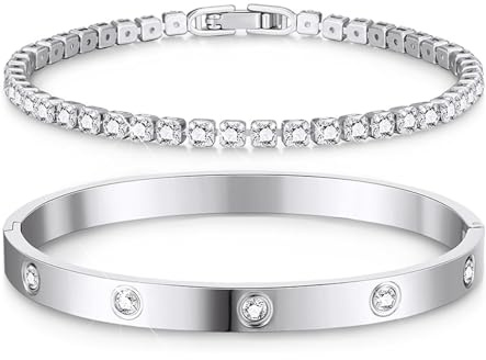 T TAKONE Tennisarmband Damen Set – 2PCS Glitzer Bracelet Aus Edelstahl Mit Cubic Zirkonia, 18cm Lang, Elegantes Geschenk für Frauen