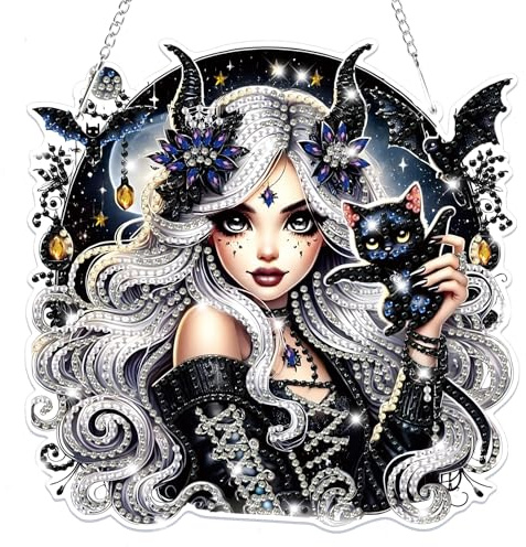 Lxmsja Halloween Diamond Painting Anhänger, 5D Gothic Diamond Painting Fensterbilder Beidseitig für Erwachsene Kinder, Bastelset Kreativ Set, Hängend Ornament Tür Fenster Wand Eingang Decor