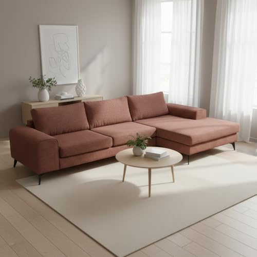 Abakus Direct | Venice Corner Sofa – Modern L-Shaped Sofa with Basket Weave Fabric, Scatter Back Cushions, Left or Right Hand Facing – Available in 9 Colours (Burgundy, Right Hand Facing)