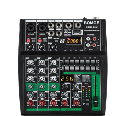 BOMGE Professioneller DJ-Audio-Mixer, 4-K-DJ-Mixer, Bluetooth-Sound-Mixer, unterstützt USB/MP3/BT-Computereingang, 256DSP, 48 V Phantomspeisung, geeignet für DJ-Studio-Streaming-Aufnahmen