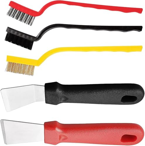 5 PCS Oven Scraper Tool Non Scratch,for Cleaning Freezer, Stoves, Induction Hob,3Pcs Stainless Steel Brass Nylon Brush for Stove Pan