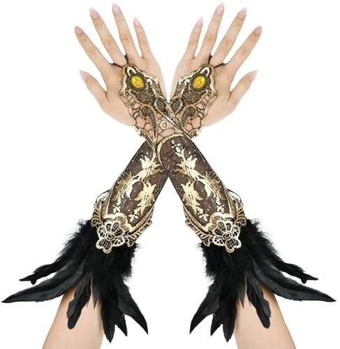 QIZHIQIAMY Spitzenhandschuhe mit Federn Retro-Gothic-Stil Spitze Handschuhe Fingerlose Netzhandschuhe für Black Swan, Hexe, Rabe und Karnevalskostüm-Accessoires