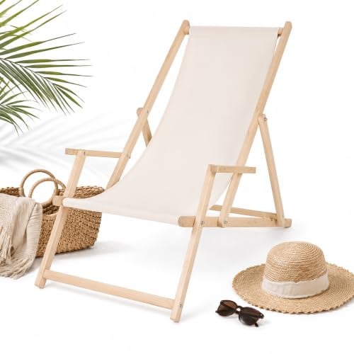 Mucola Strandliege Liegestuhl mit Armlehnen klappbar 3-stufig Holz Beige | UV-beständiger Polyester-Stoff, wasserfest, Gestell aus Kiefer, geringes Gewicht, für Garten, Strand und Pool