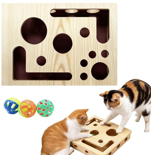 Feegela Katzenspielzeug Intelligenzspielzeug Mit 3 BäLlen & Schleifpapier | Interaktives Katzenspielzeug aus Holz,3D-Design 2-in-1 Kratzbrett & Intelligenzspielzeug,Für Wohnungskatzen