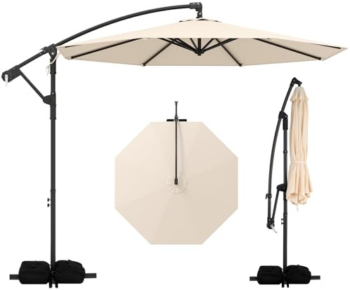 COSTWAY Sonnenschirm mit Ständer, 300 cm Ampelschirm mit Kurbel, Gartenschirm, 360° drehbar, Marktschirm, Terrassenschirm für Garten, Terrasse, Pool (Beige)