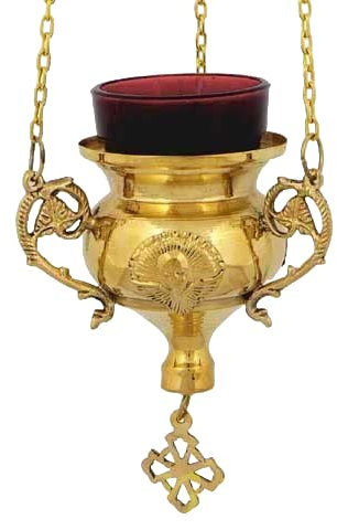 Lampe a huile en bronze plaqué or a suspendre, culte chretien orthodoxe Grec avec coupelle en vevre rouge pour les veillée bougie 237 g